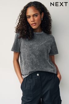 Washed Charcoal Grey Short Sleeve Sparkle Embellished T-Shirt