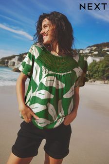 Green Leaf Print Short Sleeve Crochet Bubblehem Top