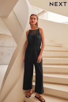 Black Crochet Detail Sleeveless Jumpsuit