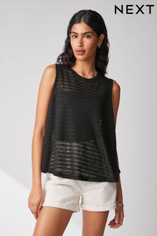 Black Relaxed Fit Sleeveless Scoop Neck Slub Vest Top