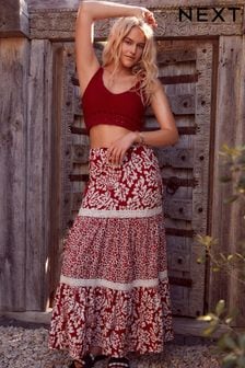 Red Spliced Print Textured Maxi Skirt With Crochet Trim