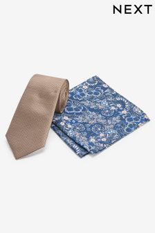 Neutral Brown/Navy Blue Floral Tie And Pocket Square Set