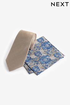 Neutral Brown/Navy Blue Floral Silk Tie And Pocket Square Set