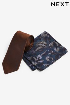 Rust Brown/Navy Blue Floral Silk Tie And Pocket Square Set