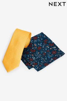 Yellow/Navy Blue Floral Tie And Pocket Square Set