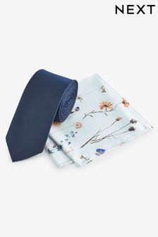 Navy Blue/Light Blue Pressed Flower Tie And Pocket Square Set