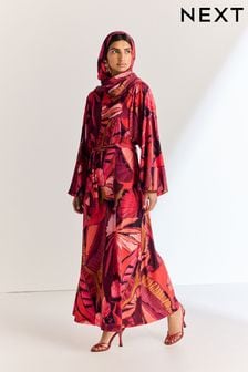 Red Print Long Sleeve Scarf Maxi Dress
