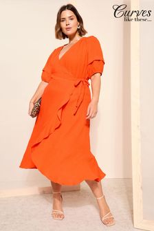 Orange Curves Like These Dobby Puff Sleeves Midi Wrap Dress