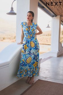 Blue/Yellow Leaf Print Tie Front Short Sleeve Maxi Dress