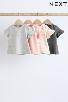 Grey/ Pink Flower Print Baby Short Sleeve Top 4 Pack