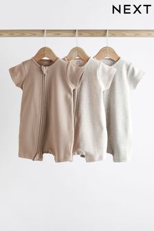 Neutral Two Way Zip Baby Rompers 3 Pack (0mths-3yrs)