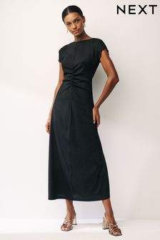 Black Textured Ruched Midi Dress
