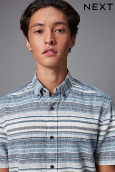Blue Linen Blend Horizontal Stripe Short Sleeve Shirt