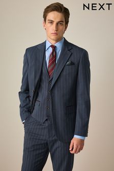 Blue Tailored Fit Trimmed Stripe Suit Jacket