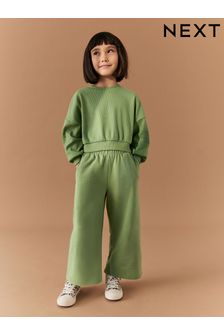 Khaki Green Rib Cuffed Top & Wide Leg Joggers Set (2-16yrs)