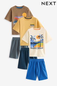 Brown/Yellow Summer Waves Short Pyjamas 3 Pack (3-16yrs)