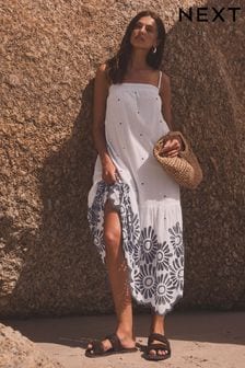 White/Blue Embroidered Bandeau Maxi Summer Dress