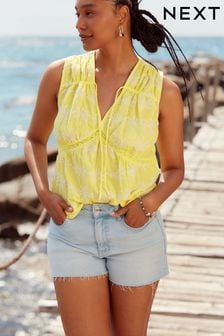 Yellow and White Broderie Sleeveless Tie Top