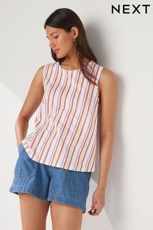 Pink Yellow Stripe Print Relaxed Fit Sleeveless Scoop Neck Slub Vest Top