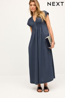 Navy Blue Short Sleeve Pintuck Maxi Dress