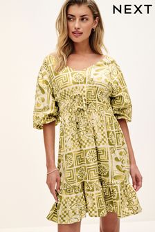 Green Tile Print Puff Sleeve Woven Mix Summer Dress