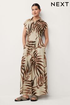 Ecru and Brown Palm Print Short Sleeve Maxi Shirt Dress