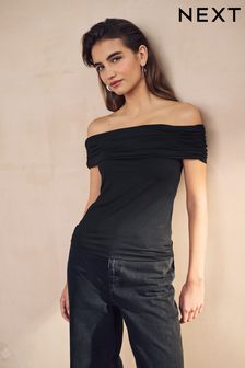 Black Off The Shoulder Gathered Ruched Soft Touch Top