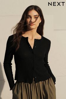 Black Long Sleeve Knit Look Button Detail Cardigan