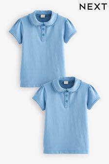Blue 2 pack Cotton Stretch Frill Collar Polo Tops (3-16yrs)