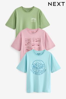 Blue/Pink/Green Hand Drawn Simple Graphic T-Shirts 3 Pack
