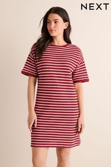 Red and Cream Stripe Crochet Boxy T-Shirt Dress