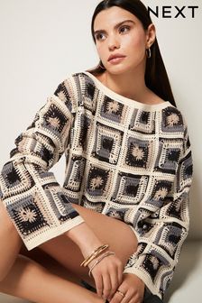 Neutral Long Sleeve Square Crochet Knitted Jumper