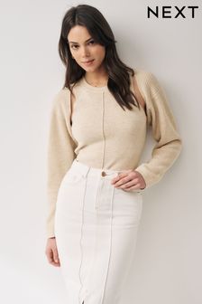 Neutral Co-ord 30% Wool Ribbed Bolero Cardigan