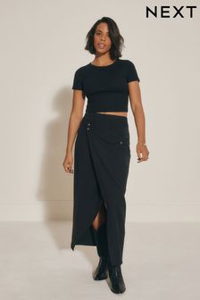 Black Asymmetric Waist Column Skirt