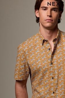 Yellow Linen Blend Printed Short Sleeve Shirt