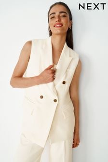 Ecru Longline Sleeveless Double Breasted Blazer