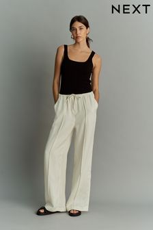 Ecru Drawstring Tencel Wide Leg Trousers