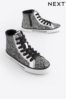 Silver Glitter Lace Up High Top Trainers