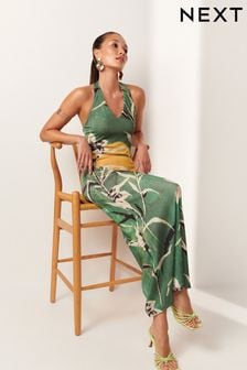 Green Floral Print Halter Neck Maxi Dress