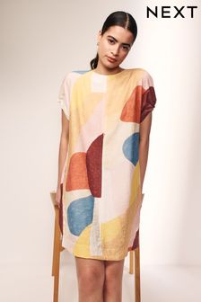 Abstract Print Gathered Short Sleeve Textured Boxy Mini Dress
