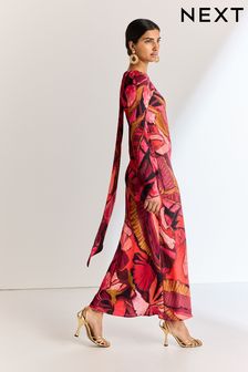 Red/Pink Abstract Floral Long Sleeve Scarf Maxi Dress