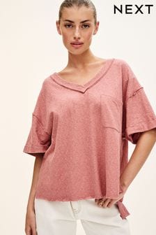 Rose Pink Oversized Linen Look Washed Pocket Detail Slouch V-Neck T-Shirt