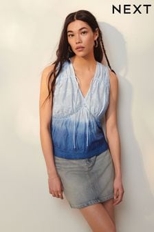 Blue Dip Hem Broderie Sleeveless Tie Top