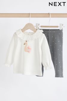 White/Charcoal Grey Swan Baby 100% Cotton Long Sleeve Top And Leggings Set