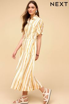 Ecru and Yellow Stripe Utility Pocket Shirt Midi Dress
