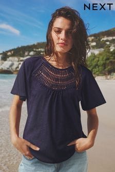 Navy Short Sleeve Crochet Bubblehem Top