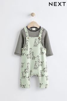 Sage Green Giraffe Baby Jersey Dungarees And Bodysuit Set (0mths-2yrs)