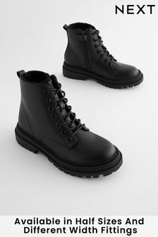 Matt Black Warm Lined Lace-Up Boots