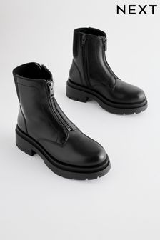 Black Leather Zip Front Chunky Chelsea Boots