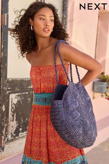 Blue Straw Embroidered Circle Shoulder Bag